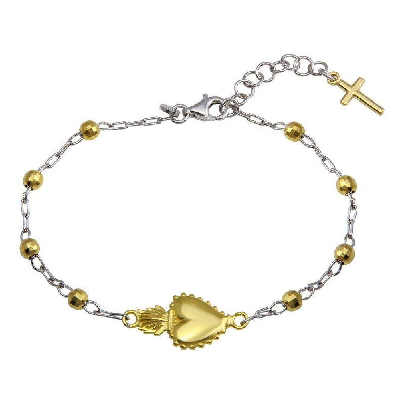 Custom Heart Bracelet-Gold Plated 925 Sterling Two-Tone 925 Sterling Silver Heart Center DC Bead Bracelet - ARB00053RH-GP