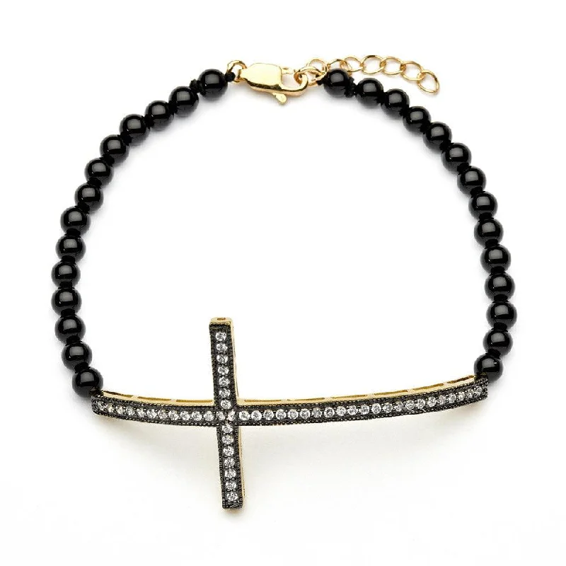 Rose Gold Stackable Bracelets-Silver 925 Gold Plated Sideways Cross CZ Black Amethyst Beads Bracelet - BGB00103