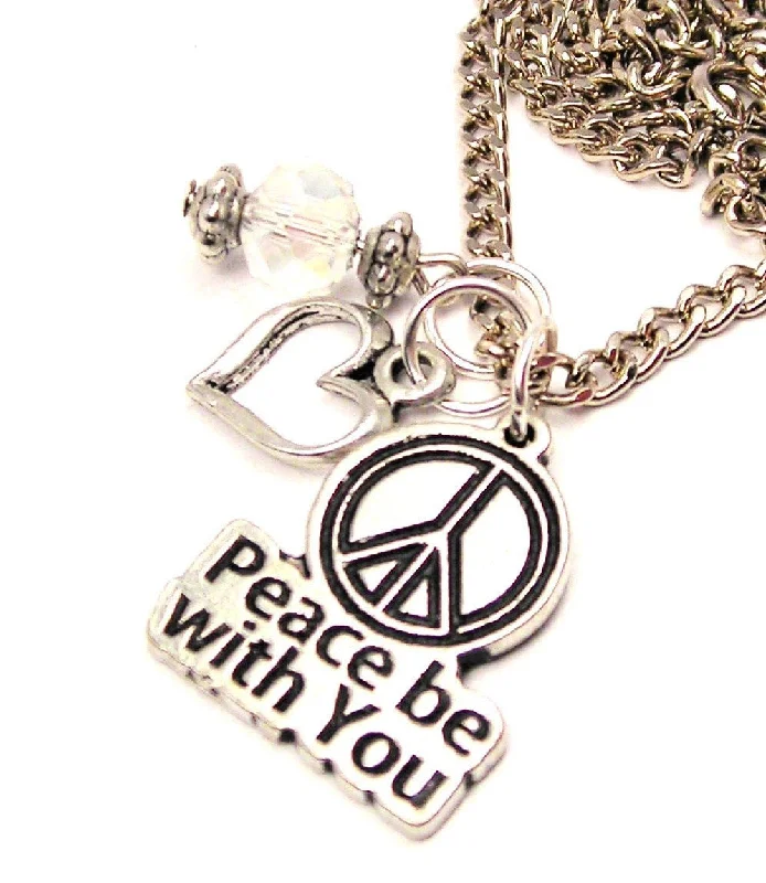 Vintage Silver Necklace-Peace Be With You Heart And Crystal Necklace