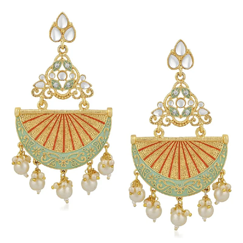 Classic Gold Earrings-Mahi Gold Plated Traditional White Kundan Dangler Earring with Meenakri Work For Women VECJ100207