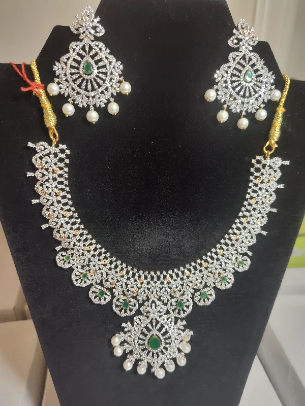 Vintage Diamond Necklace-Beautiful Bridal Necklace Set With CZ Stones And Emerald Color Stones