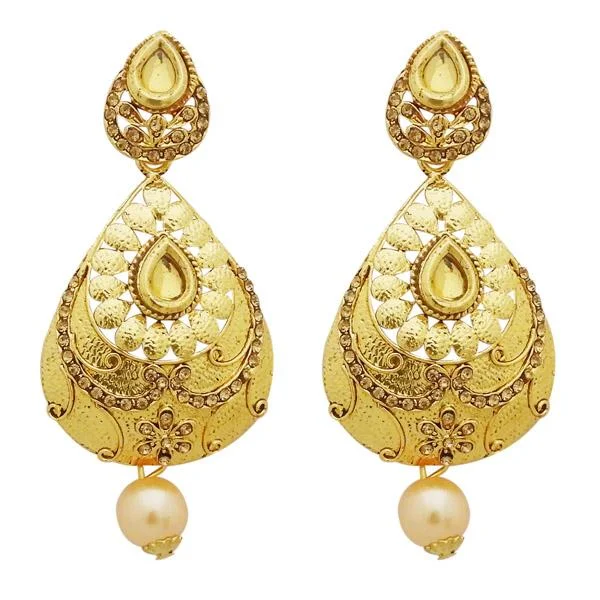 Statement Earrings for Women-Jheel Austrian Stone Gold Plated Pearl Drop Dangler Earrings - 2900245A