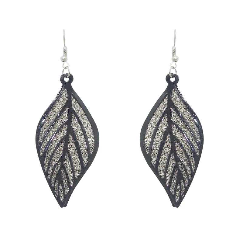 Red Gem Earrings-Urthn Black Plated Leaf Design Dangler Earrings - 1307925