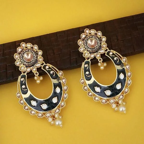 Minimalist Drop Earrings-Kriaa Black Meenakari Kundan Gold Plated Dangler Earrings - 1316327F