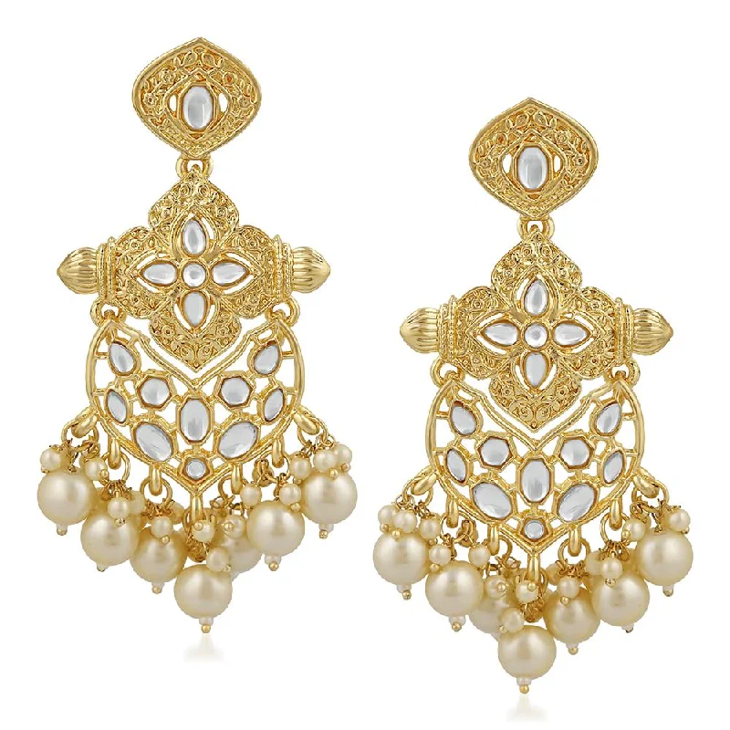 Oval Hoop Earrings-Mahi Ethnic Gold Plated White Kundan Dangler Earring For Women VECJ100201