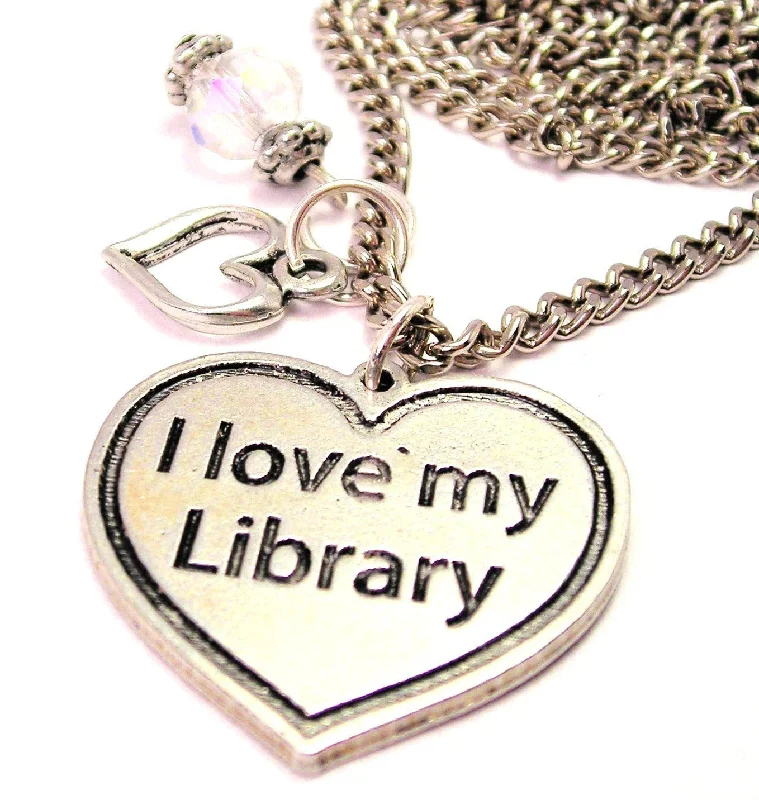 Pearls and Diamonds Necklace-I Love My Library Necklace with Small Heart