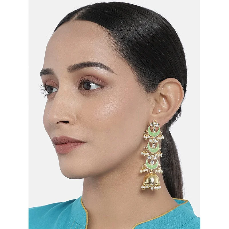 Elegant Gold Earrings-Etnico 18K Gold Plated 3 Layered Long Jhumki Earrings With Mint Enamel Glided With Kundans & Pearls (E2788Min)