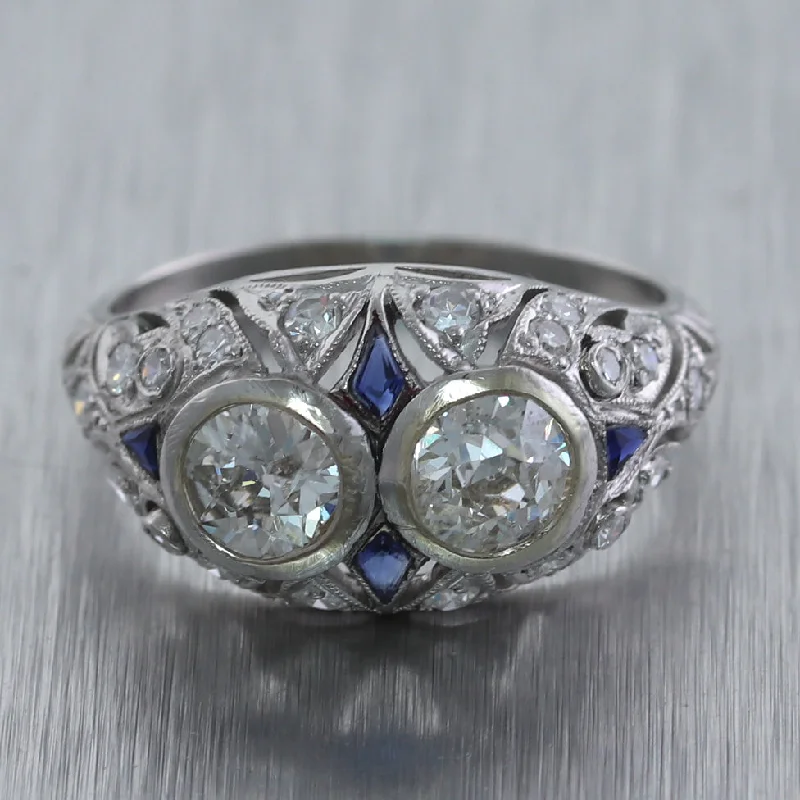 Princess Cut Sapphire Ring-1920's Antique Art Deco Platinum 1.51ctw Diamond & Sapphire Ring