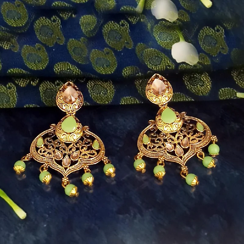 Unique Designer Earrings-JD Arts Antique Gold Plated Kundan Green Beads Dangler Earrings - 1317625G