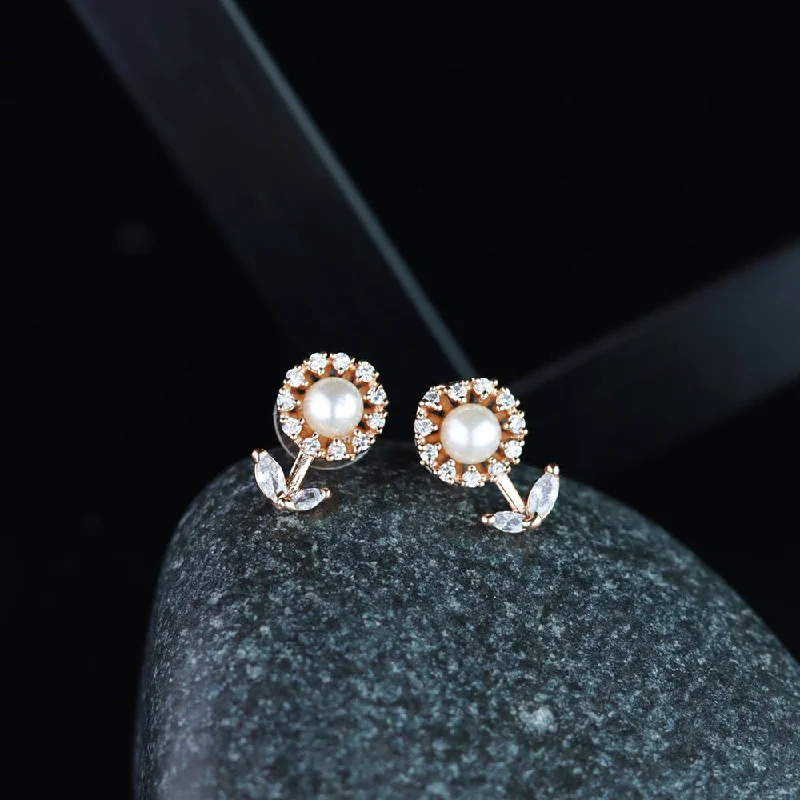 Green Gem Earrings-Etnico Valentine's Special Rose Gold Plated & White Floral Studs Earrings for women (E2971)