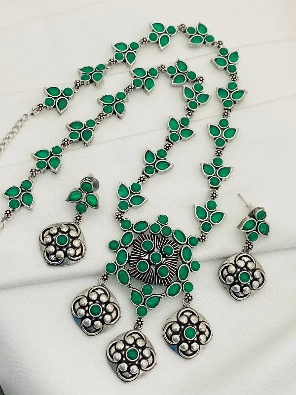 Layered Silver Necklace-Appealing Emerald Stone Beaded German Silver Plated Designer Oxidized Necklace Set With Matching Earrings