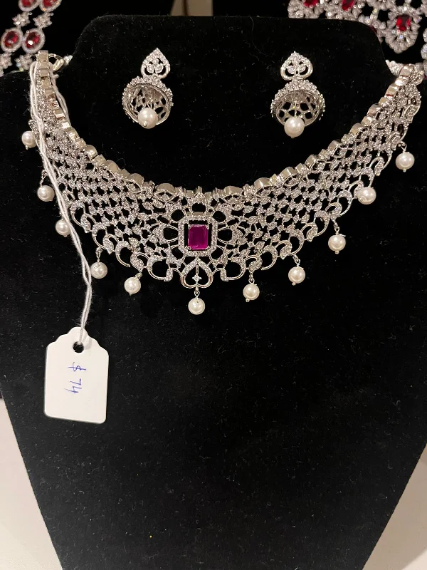 Long Silver Necklace-Alluring American Diamond Pink Color Stone Necklace With Earrings Sets