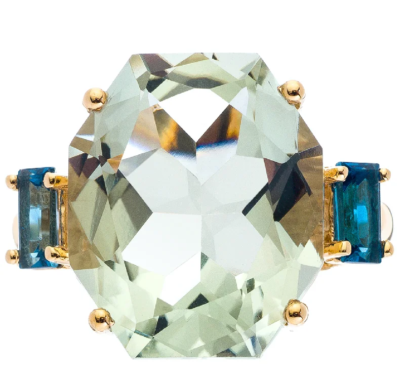 Elegant Diamond Ring-Iggy Ring Yellow Gold Green Amethyst London Blue Topaz