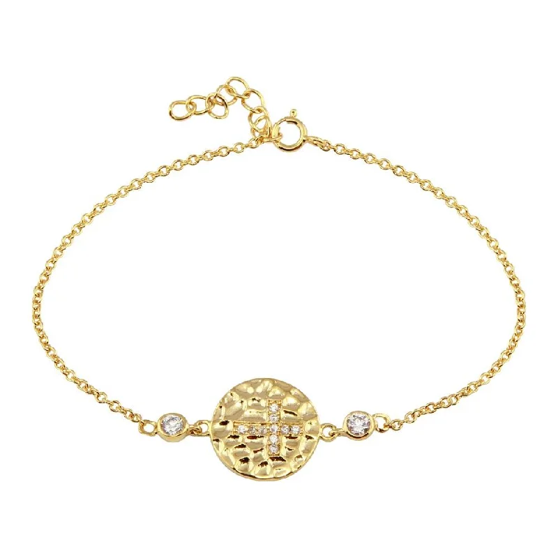 Gold Bead Bracelet-Silver 925 Gold Plated Circle Cross CZ Inlay Bracelet - BGB00139