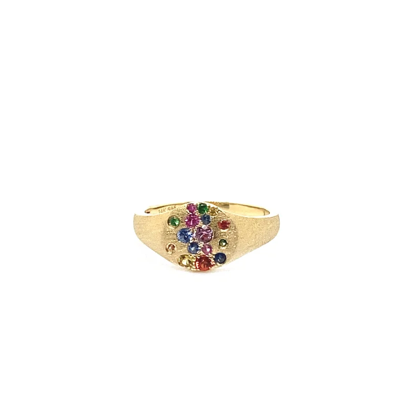 Gold Wedding Ring with Diamonds-Rainbow Sapphire Confetti Signet Ring