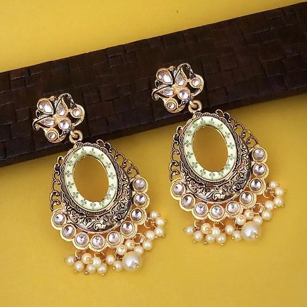 Colorful Gem Earrings-Kriaa Green Meenakari Gold Plated Kundan Dangler Earrings  - 1316338D