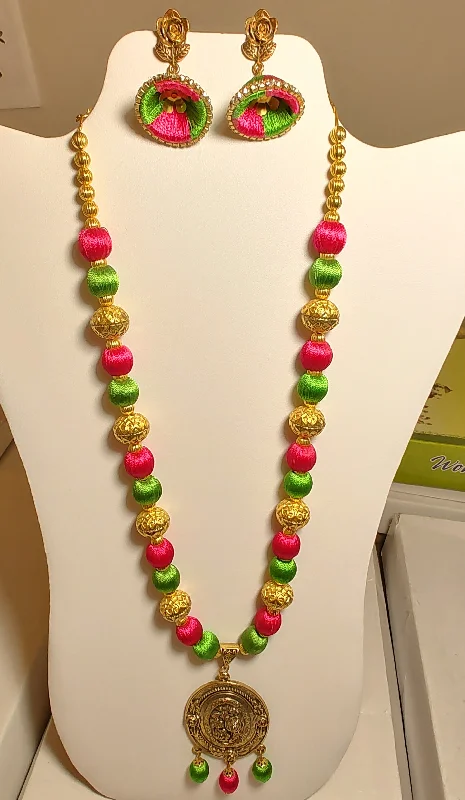 Handmade Gemstone Necklace-Gorgeous Multi Color Antique Gold Trendy Silk Thread Necklace Set