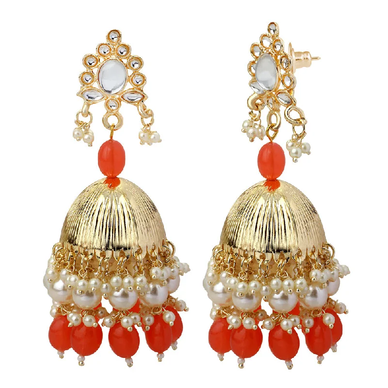 Abstract Earrings-Mahi Gold Plated Orange and White Artificial Pearls Traditiol Indian Jhumka Earring for Women (ER1109815GOrg)