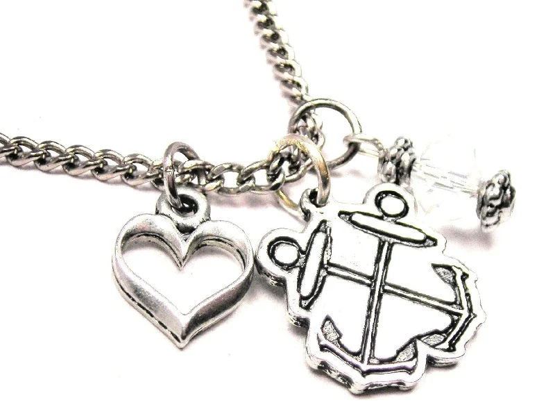 Gold Bar Necklace-Boatswain Crossed Anchors Necklace with Small Heart