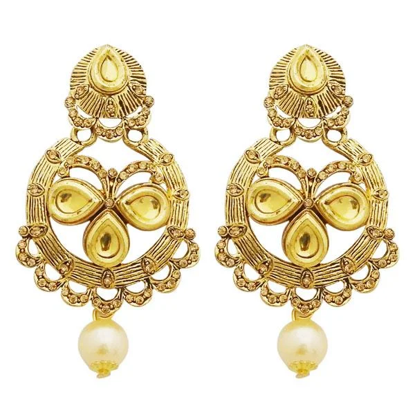 Classic Gold Earrings-Jheel Stone Gold Plated Pearl Drop Dangler Earrings - 2900220A