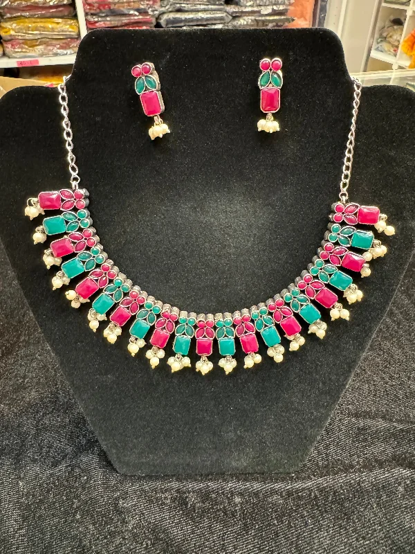 Beaded Necklace for Women-Attractive Pink And Green Color Stone Design Oxidized With Pearl Beads Necklace With Earrings Sets