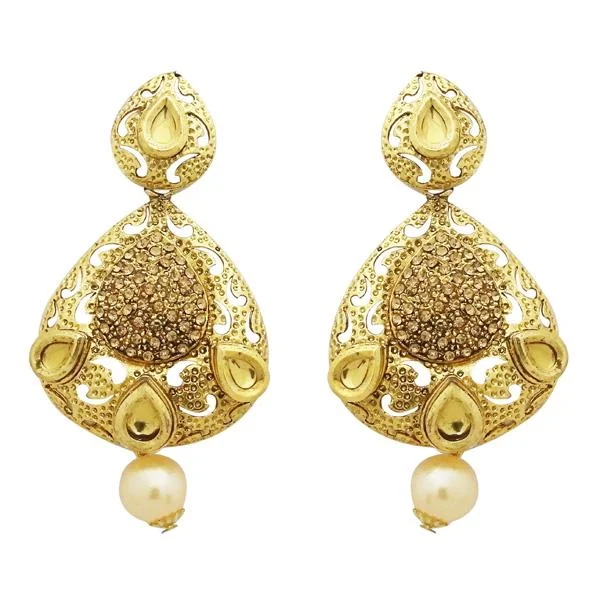 Light Blue Gem Earrings-Jheel Brown Stone Gold Plated Pearl Drop Dangler Earrings - 2900229A