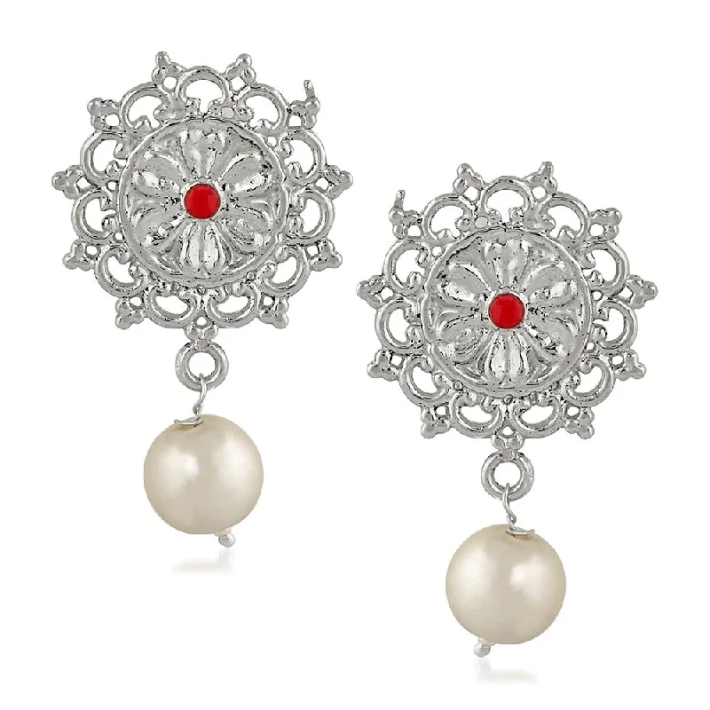 Lightweight Stud Earrings-Mahi Red Kundan and Artificial Pearl Traditional Floral Dangler Earrings for Women (VECJ100235)