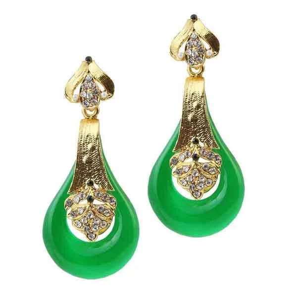 Twisted Hoop Earrings-Kriaa Gold Plated Green Stone Dangler Earrings - 1305732