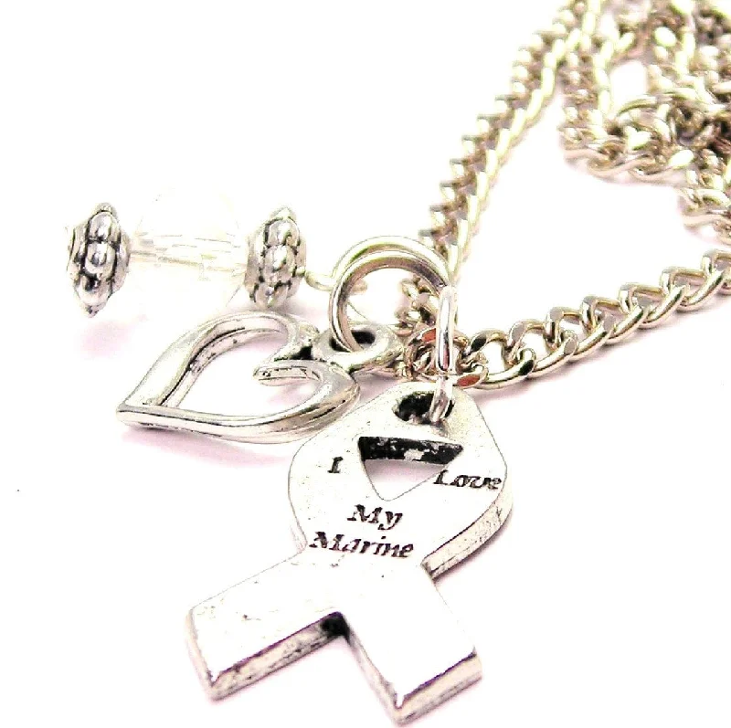 Luxury Pendant Necklace-I Love My Marine Awareness Ribbon Necklace with Small Heart