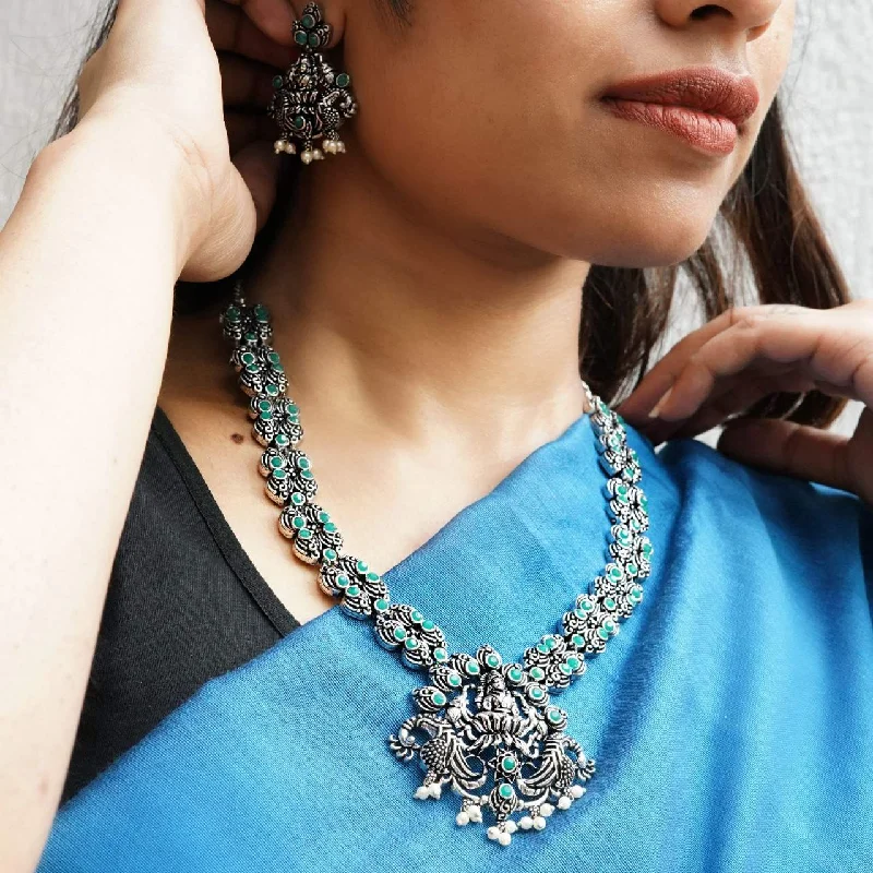 Sapphire Necklace-Elegant Oxidized Silver Alloy Goddess Lakshmi Pendant Temple Necklace Jewelry Set