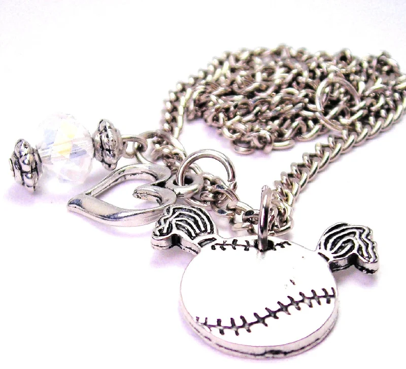 Engraved Name Necklace-Softball With Pigtails Heart And Crystal Necklace