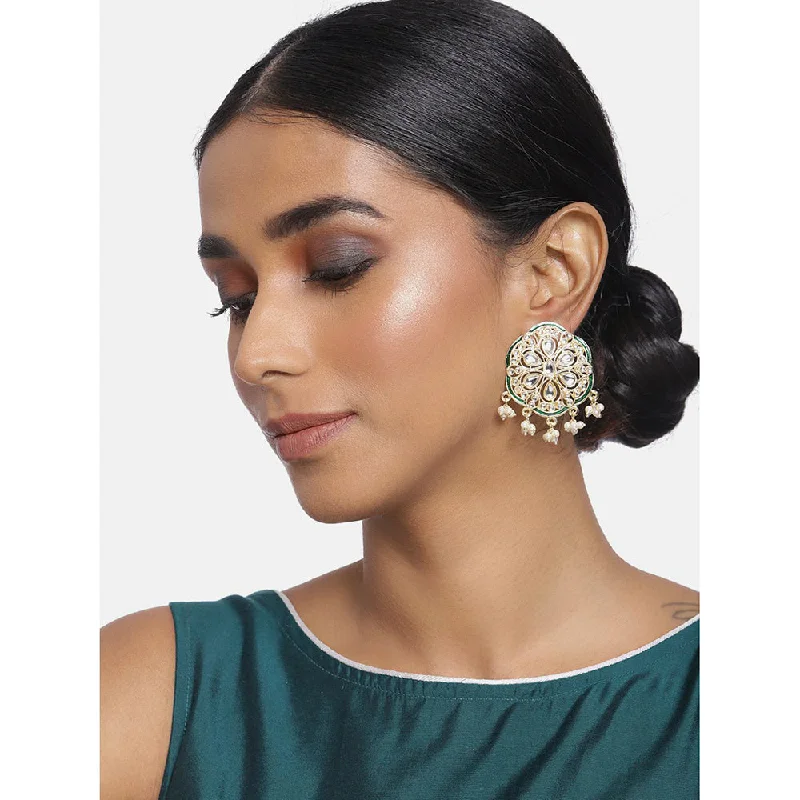 Luxurious Drop Earrings-Etnico18k Gold Plated Green Meenakari Kundan Pearl Stud Earrings for Women (E2939G)