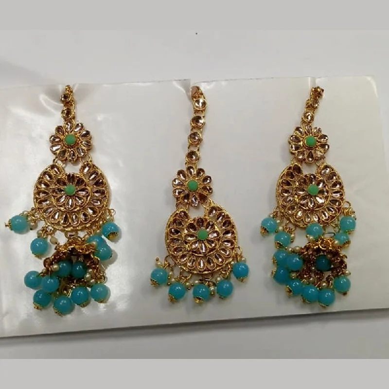 Statement Earrings for Evening-Kumavat Jewels Kundan Stone & Beads Dangler Earrings With Maang Tikka