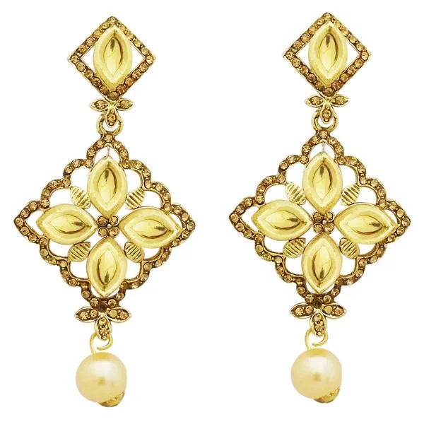 Small Hoop Earrings for Women-Jheel Austrian Stone Gold Plated Pearl Drop Dangler Earrings - 2900239A