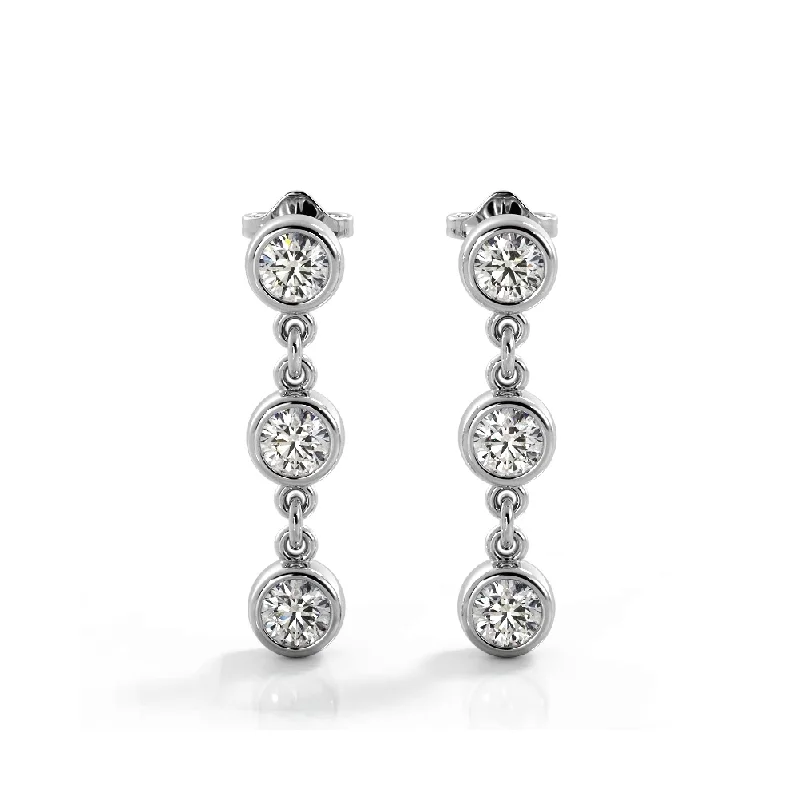 Party Earrings-1.50 ctw. Bezel Set Diamond Drop Earrings Three Stone Style