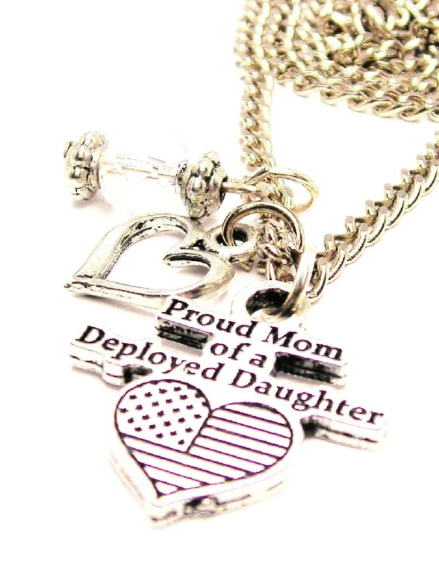 Women’s Chain Necklace-Proud Mom Of A Deployed Daughter With American Flag Heart And Crystal Necklace