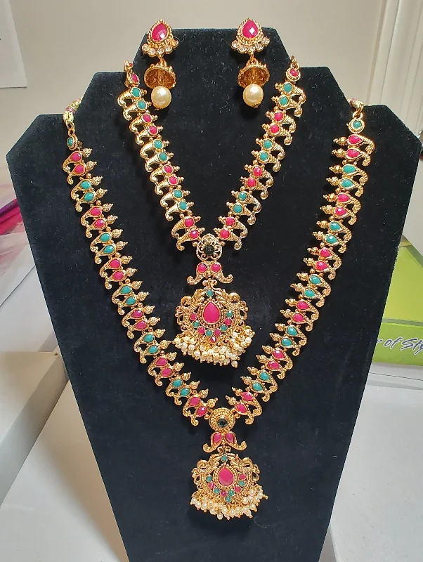 Luxury Gold Necklace-Appealing Gold Plated Multicolor Necklace With Earrings Set