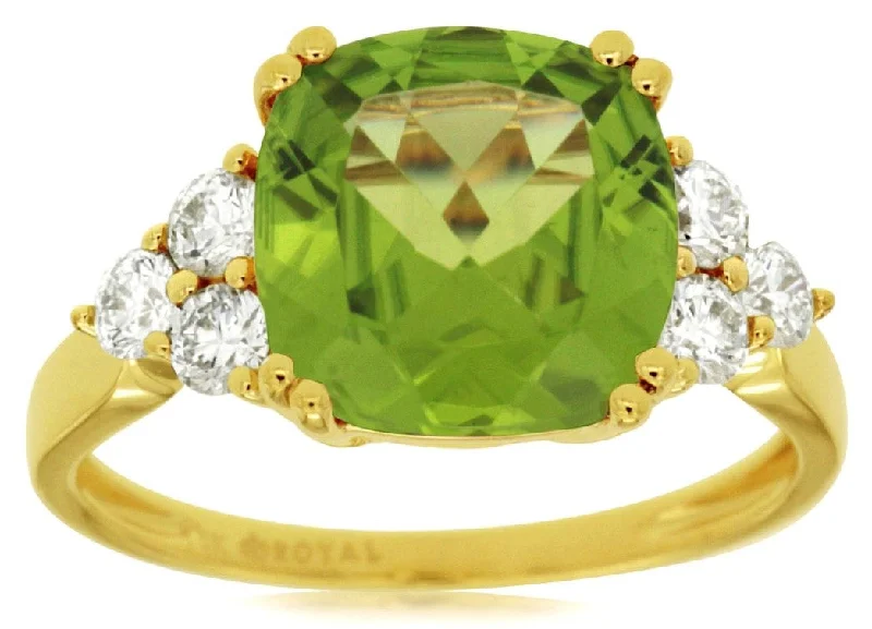 Chunky Gold Ring-14k yellow gold cushion peridot and diamond accent ring