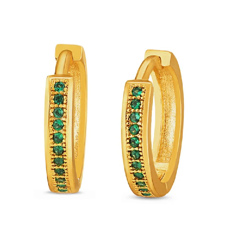 Bridal Earrings with Diamonds-Mahi Gold plated Big Single line Green CZ stone Huggies Hoops Earrings for Women