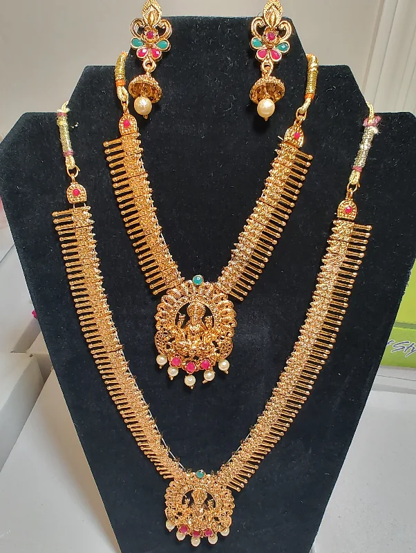 Large Pendant Necklace-Traditional Solid Gold Plated Multi Color Necklace With Earrings Set