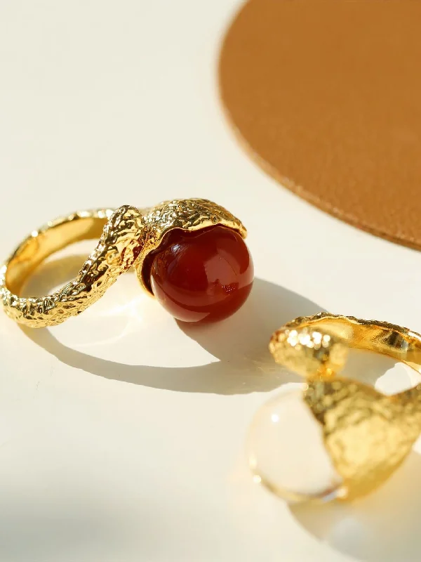 Oval Diamond Ring-Vintage Floral Orb White Crystal and Red  Agate Rings