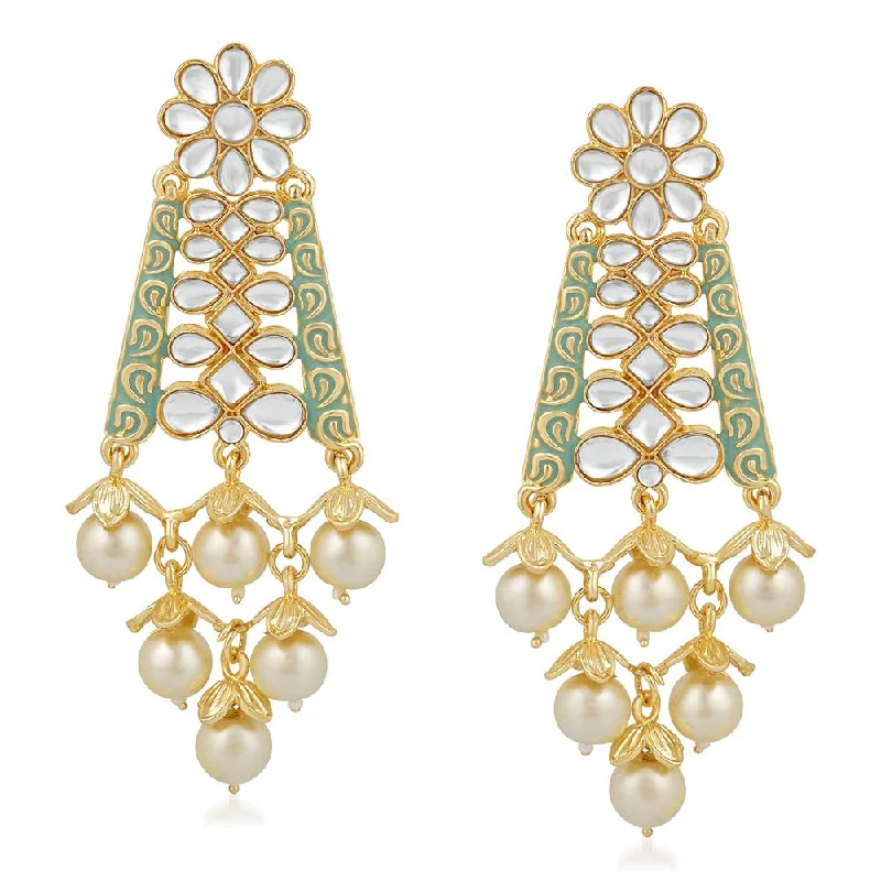 Chic Dangle Earrings-Mahi Ethnic Gold Plated White Kundan Floral Triangular Green Meenakari Work Dangler Earring For Women VECJ100205