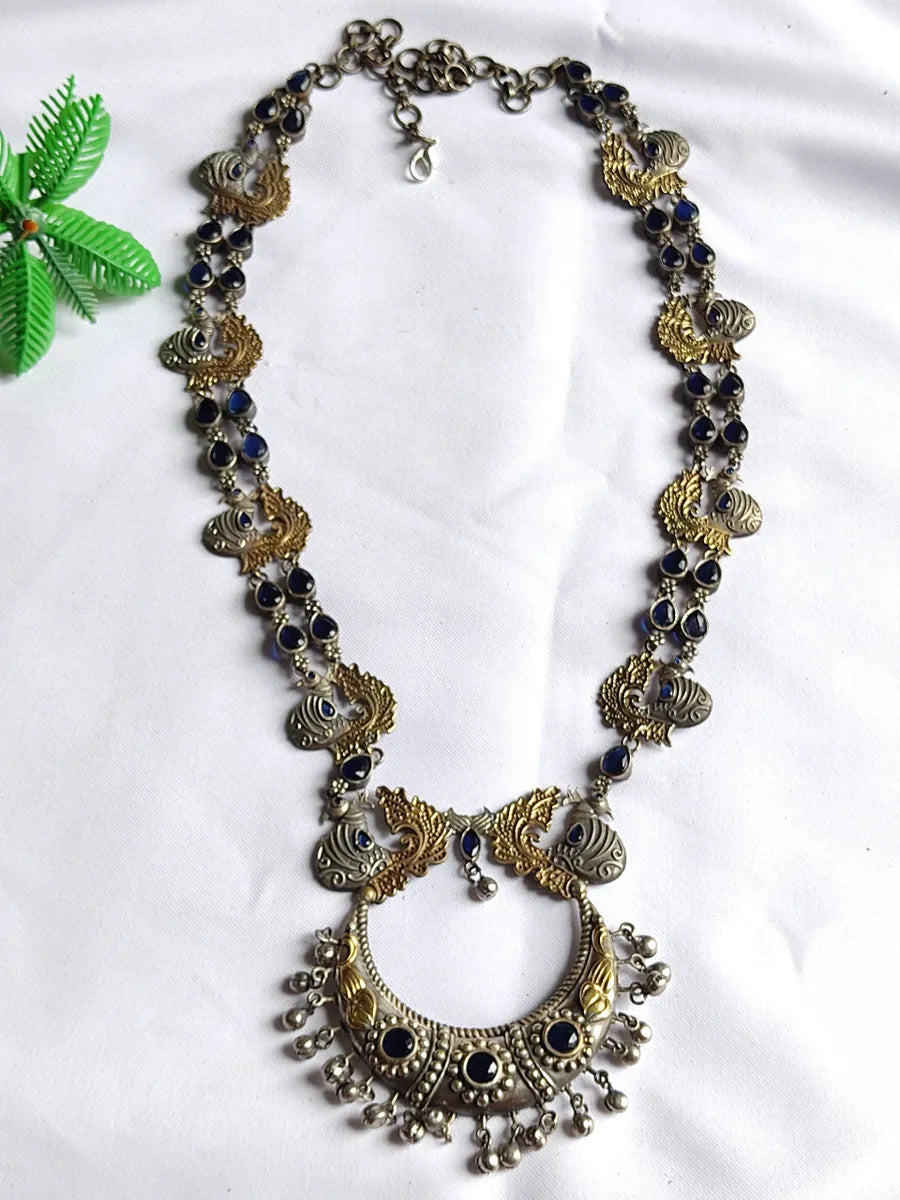 Handmade Gemstone Necklace-Elegant Peacock Brass And Copper Made Oxidized Long Chain