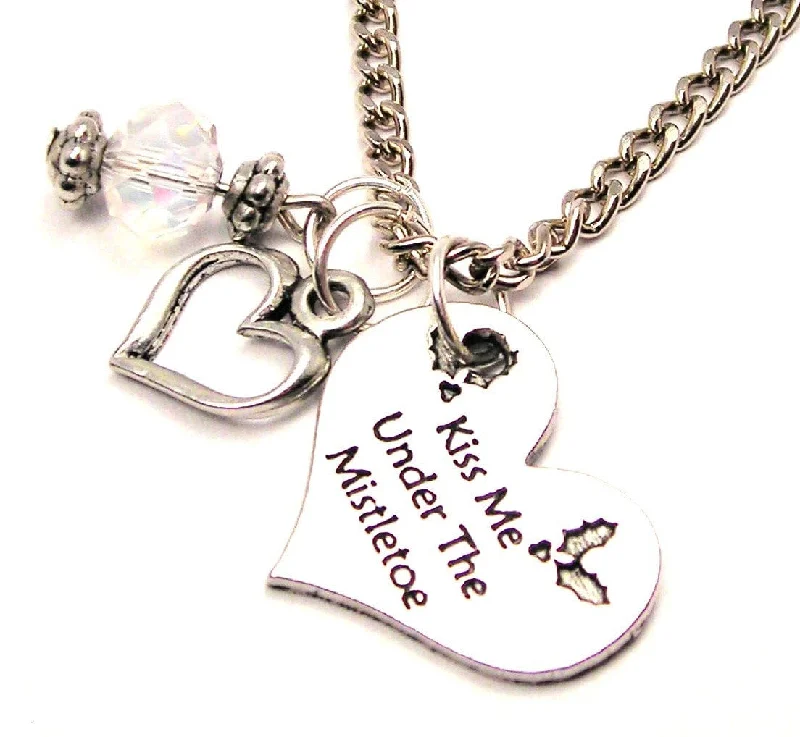 Silver Heart Pendant Necklace-Kiss Me Under The Mistletoe Necklace with Small Heart