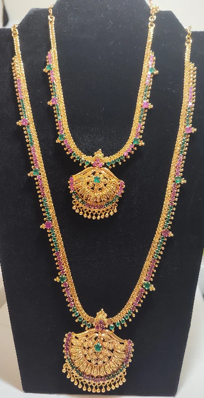 Bridal Pendant Necklace-Dazzling Gold Plated Multicolor Necklace And Long Chain With Gold Hangings