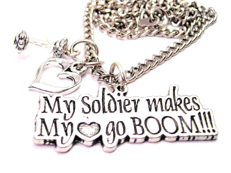 Heart Pendant Necklace for Women-My Soldier Makes My Heart Go Boom Necklace with Small Heart