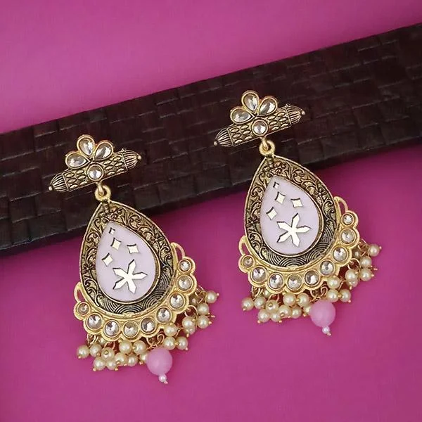 Luxury Pearl Earrings-Kriaa Pink Meenakari Gold Plated Kundan Dangler Earrings  - 1316337E