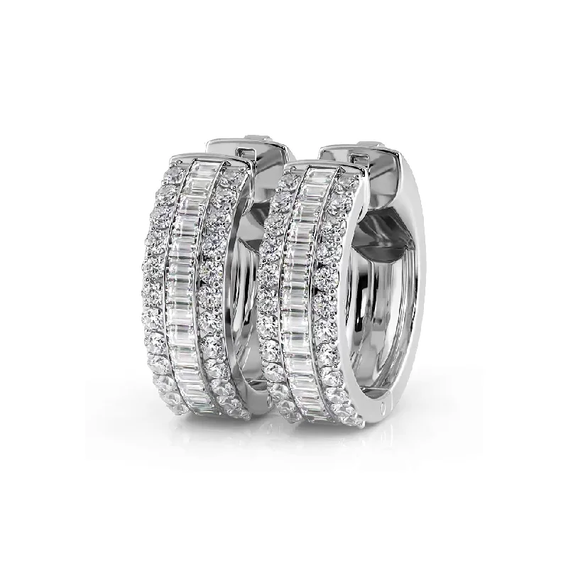 Multi-Layered Earrings-Three Row Round and Baguette Diamond Hoop Earrings Huggie Style