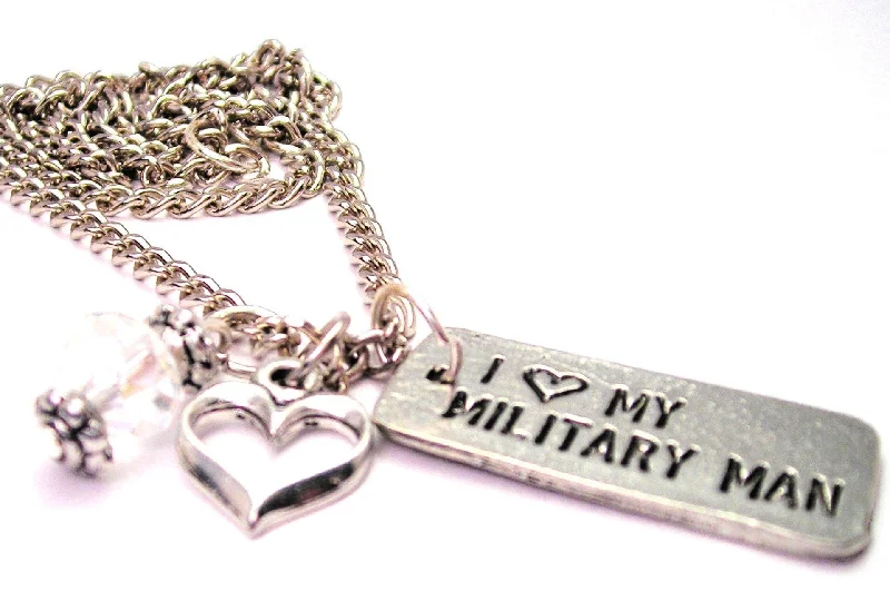 Multi-Colored Bead Necklace-I Love My Military Man Tab Necklace with Small Heart