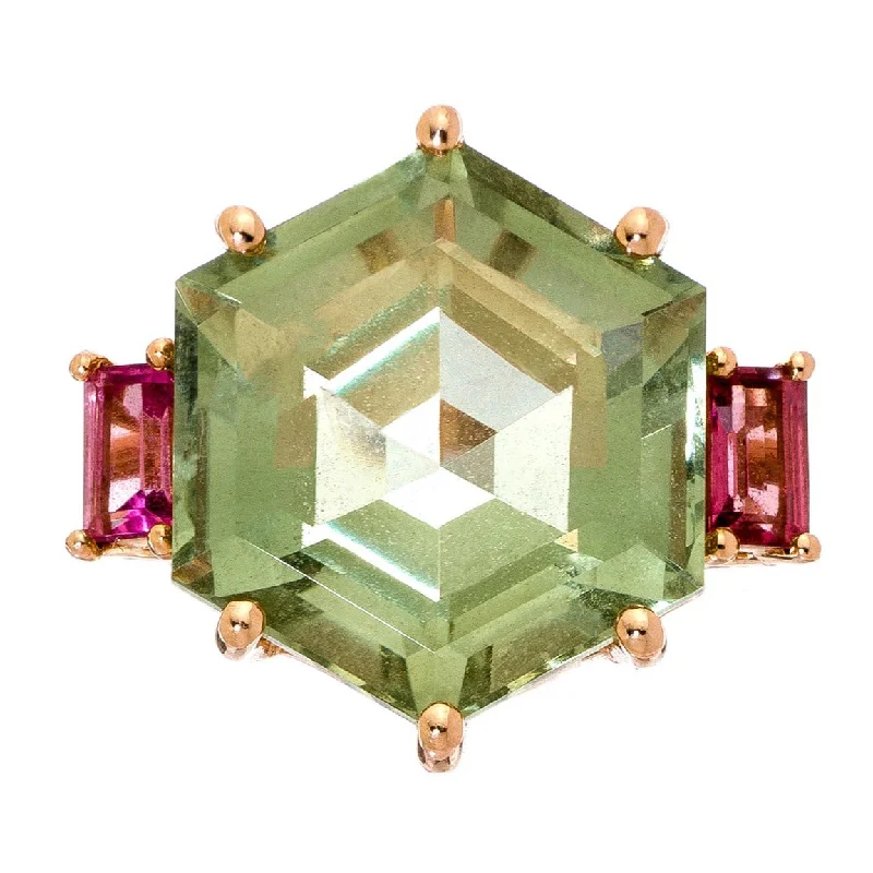 Chunky Gold Ring-Iris Ring Rose Gold Green Amethyst Pink Tourmaline